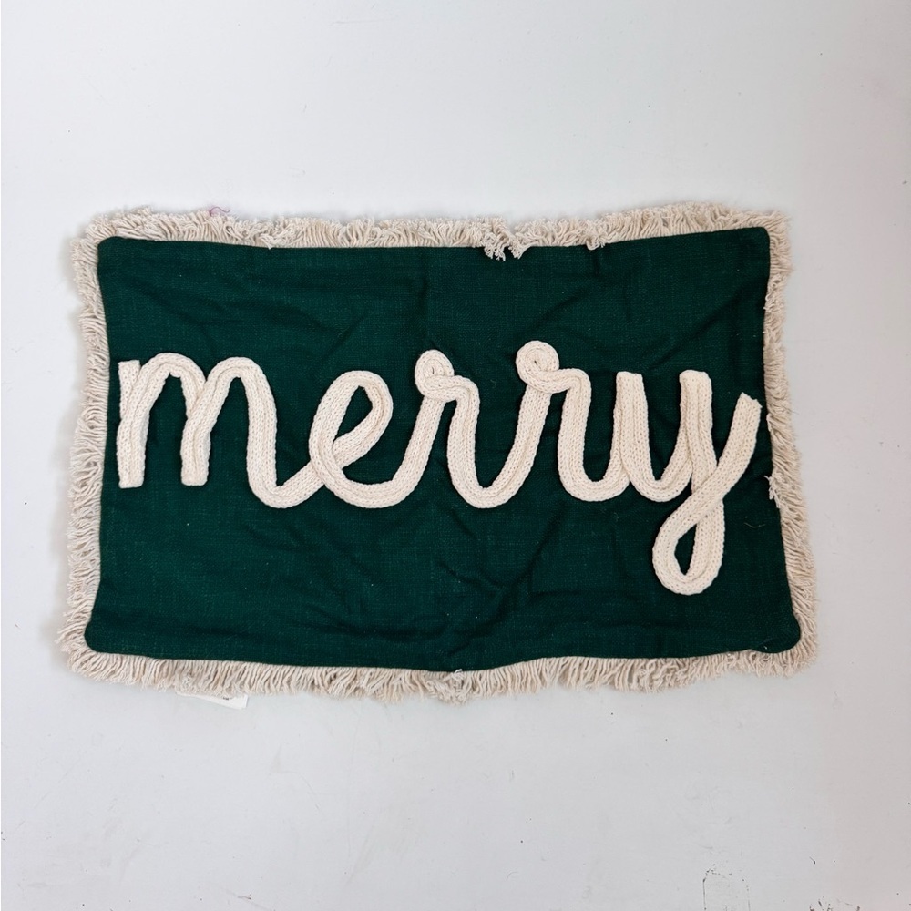 MERRY Sweater Script Festive Green and Cream Oblong Pillow Cover 15”x25”